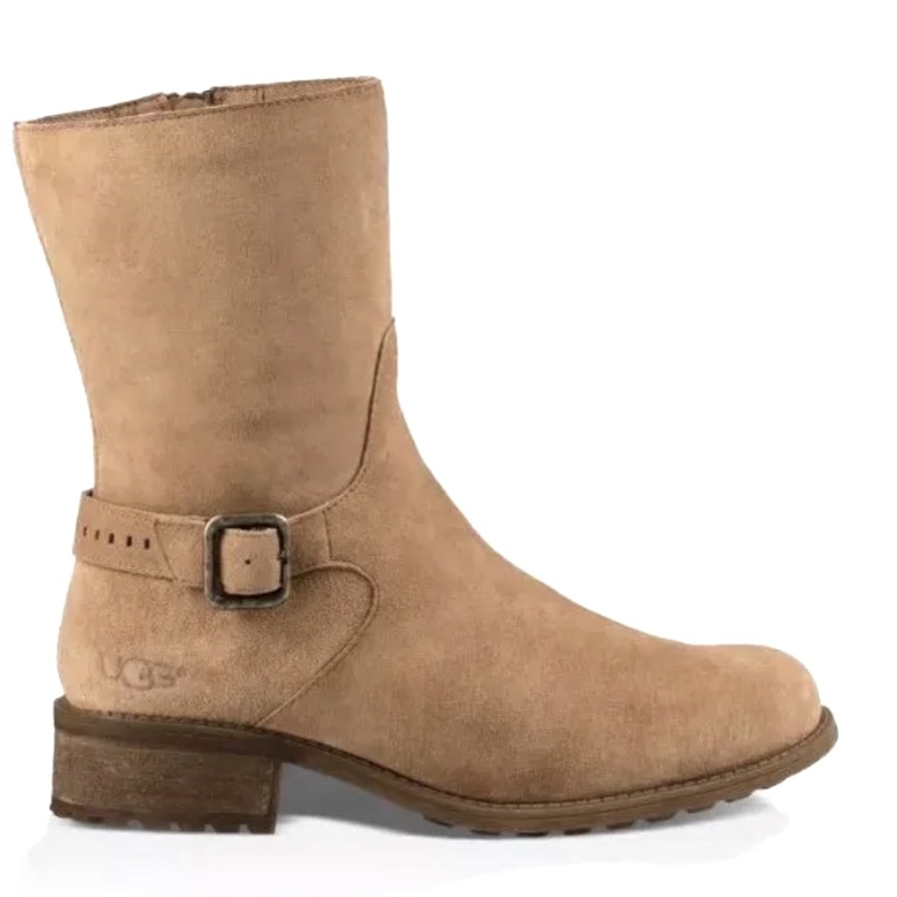 UGG Pre-Owned Women's Keppler Chestnut Brown Leather Buckle Ankle Boots, Size 7